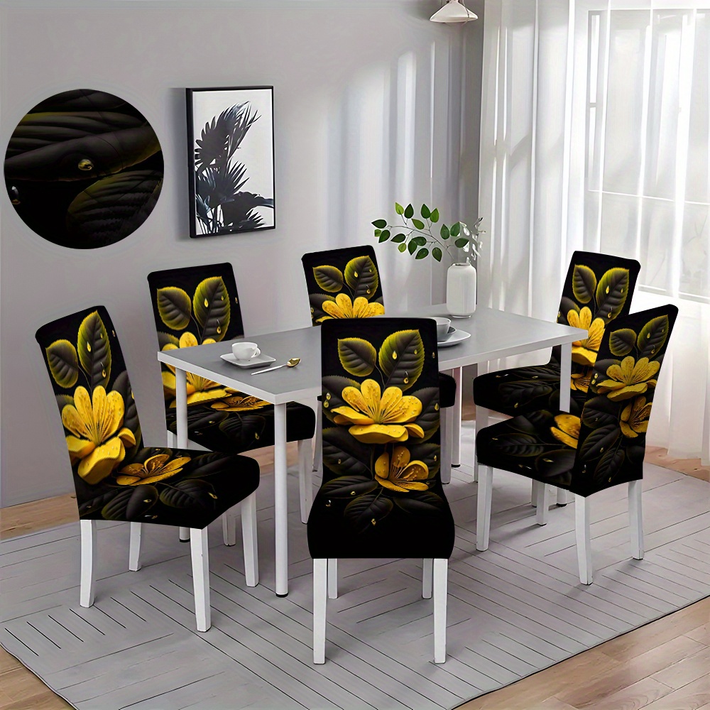 

6pcs Contemporary Floral Print Dining Chair Covers, Stretchable Home Decor Slipcovers, Dust-proof Protector For Kitchen, Living Room, Office – Classic Yellow Flowers Pattern