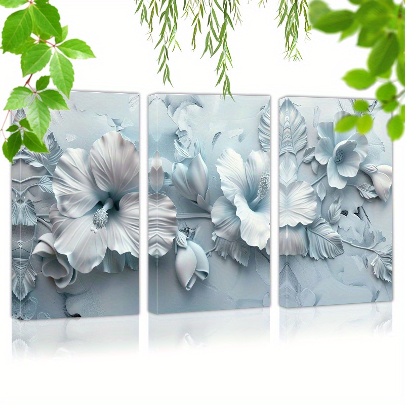 

Framed Set Of 3 Canvas Wall Art Ready To Hang Hibiscus, Relief Style, Light Blue And Gray Background (4) Wall Art Prints Poster Wall Picrtures Decor For Home