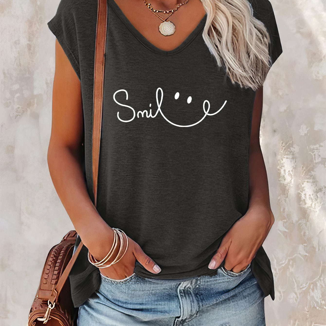 

Smile Print Cap Sleeve Tank Top, Casual V-neck Top For Summer & Spring, Women's Clothing