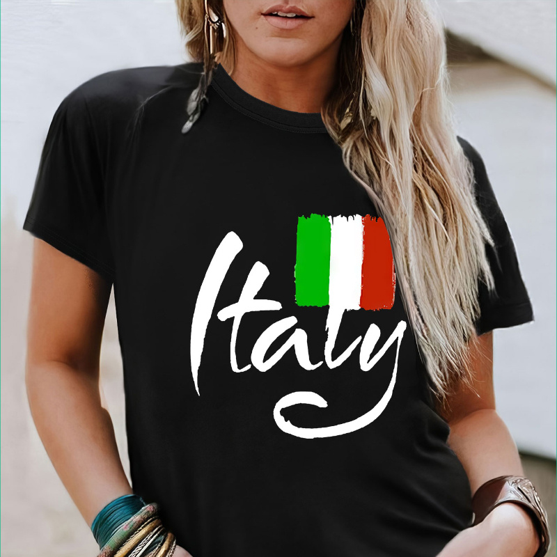 

Italy Letter & Flag Print T-shirt, Short Sleeve Crew Neck Casual Top For Summer & Spring, Women's Clothing