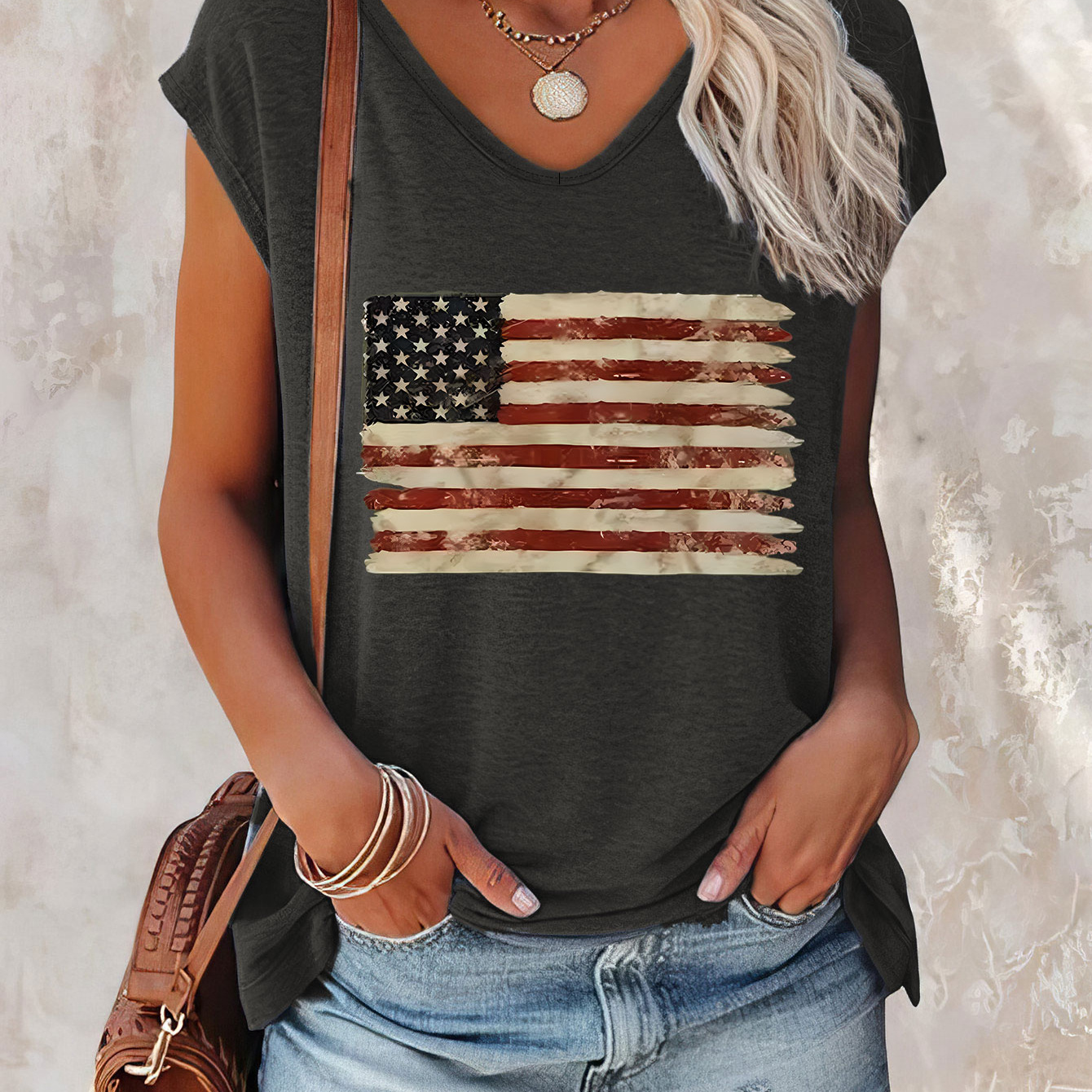 

American Flag Print Cap Sleeve Tank Top, Casual V-neck Top For Summer & Spring, Women's Clothing