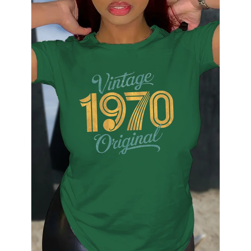 

T-shirt à col rond imprimé "Letter ＆ 1970", T-shirt décontracté à manches courtes pour le printemps et l'été, Vêtements pour femmes