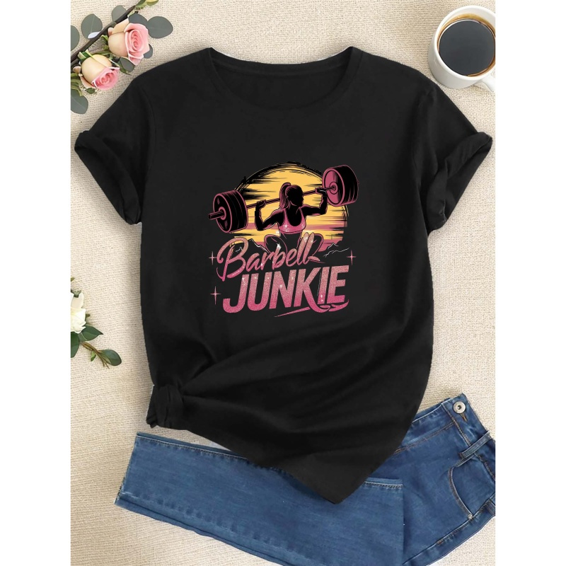 

Vibrant Typography Barbell Junkie Print T-shirt, Short Sleeve Crew Neck Casual Top For Summer & Spring, Women's Clothing