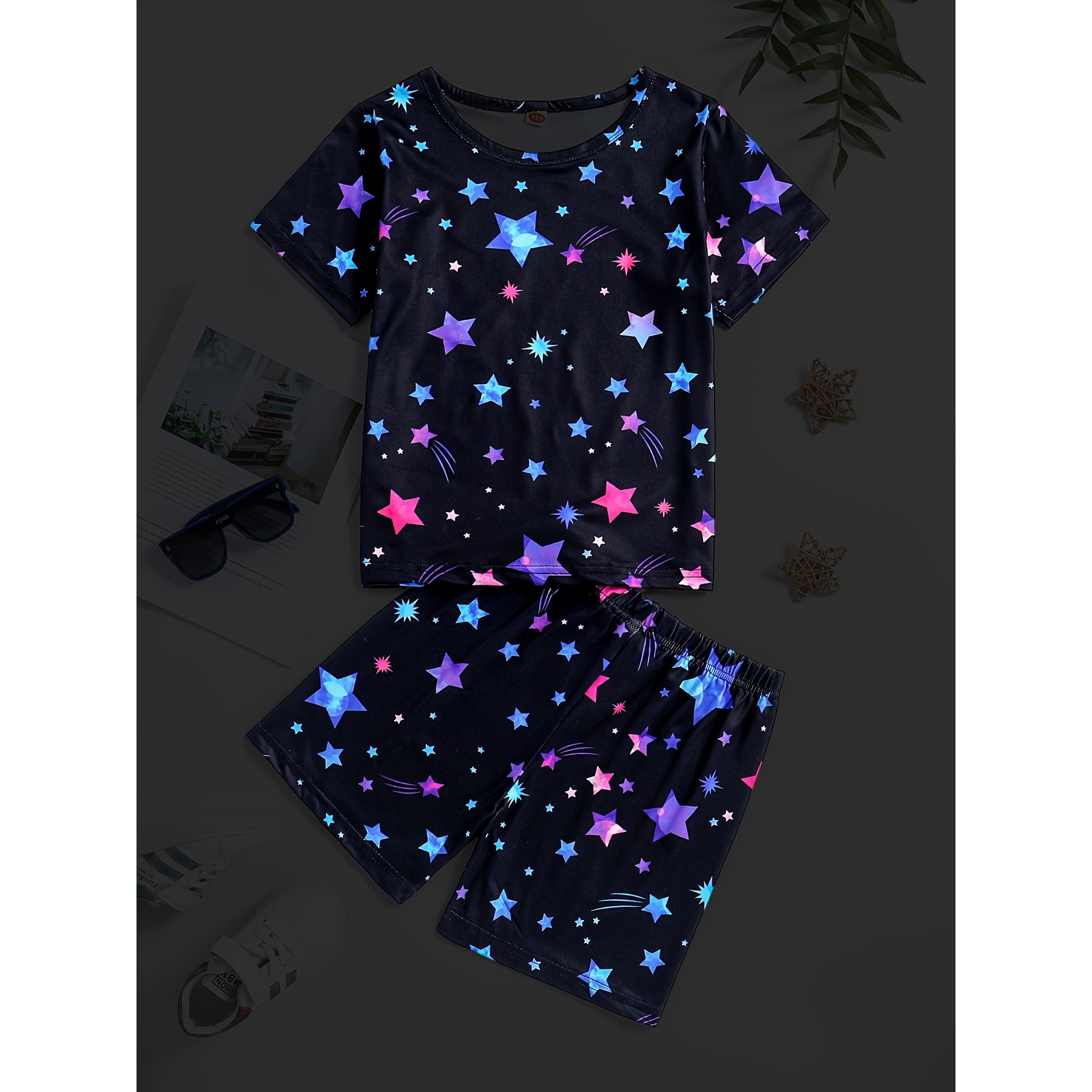 

2 Pcs Girls Cute Luminous Star-printed Short Sleeve T-shirts & Shorts Pajama Set, Comfortable & Skin-friendly Style Princess Pajamas For Girls Cozy Loungewear