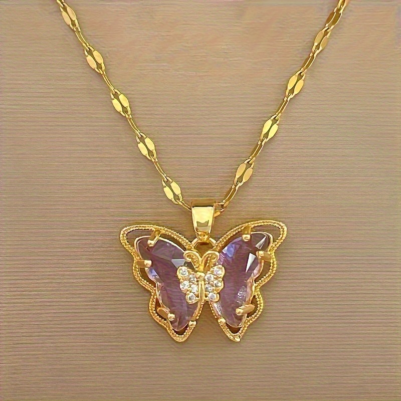 

1 Piece Delicate Fashion Shiny Purple Butterfly Copper Pendant Necklace With Stainless Steel Chain Men's Women's Banquet Jewelry Accessory