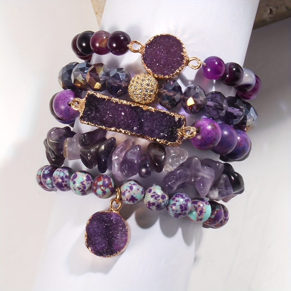 

5pcs Colorful Natural Beads Beaded Bracelet Set, Stackable Multi-layer Handmade Stretch Bracelets, Featuring Amethyst And Turquoise Charm, Spiritual , Fashion Boho Jewelry For Women