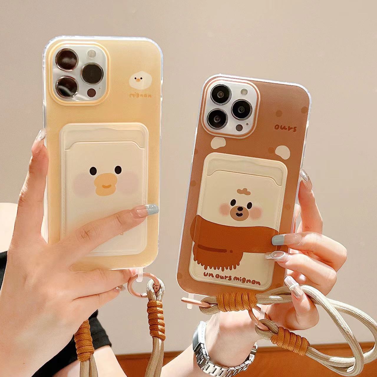 

Cartoon Bear And Duck Wallet Case With Lanyard For Iphone 15, 14, 13, 12, 11, Xr, Xs, Pro, Plus Max - Tpu Protective Cover With Cute Design - Full Coverage Shockproof Accessory For Iphone