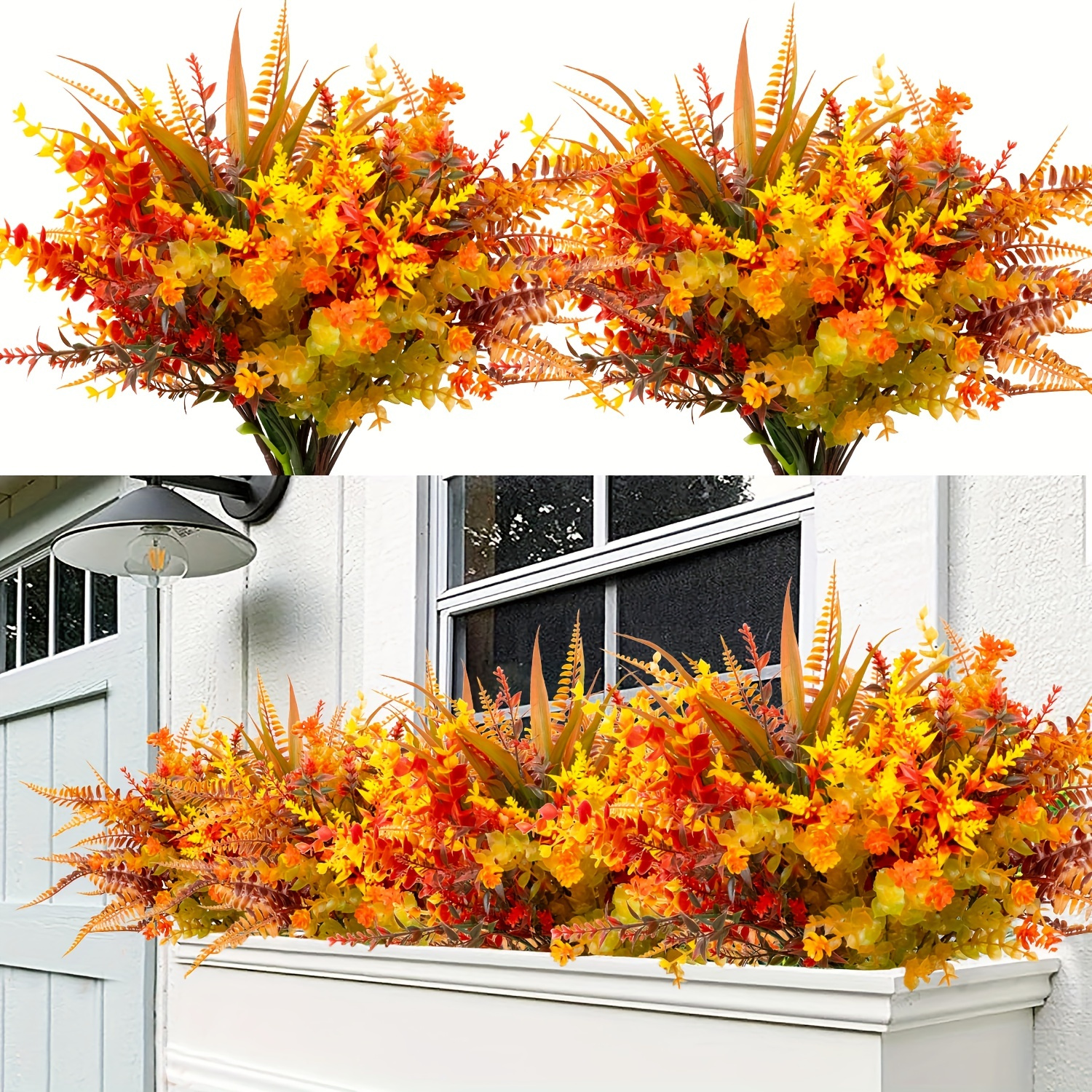 

9pcs Uv Resistant Artificial Fall Flowers, Faux Orange Autumn Plants For Outdoor Thanksgiving Decoration, Plastic Window Box Fireplace Garden Home Decor