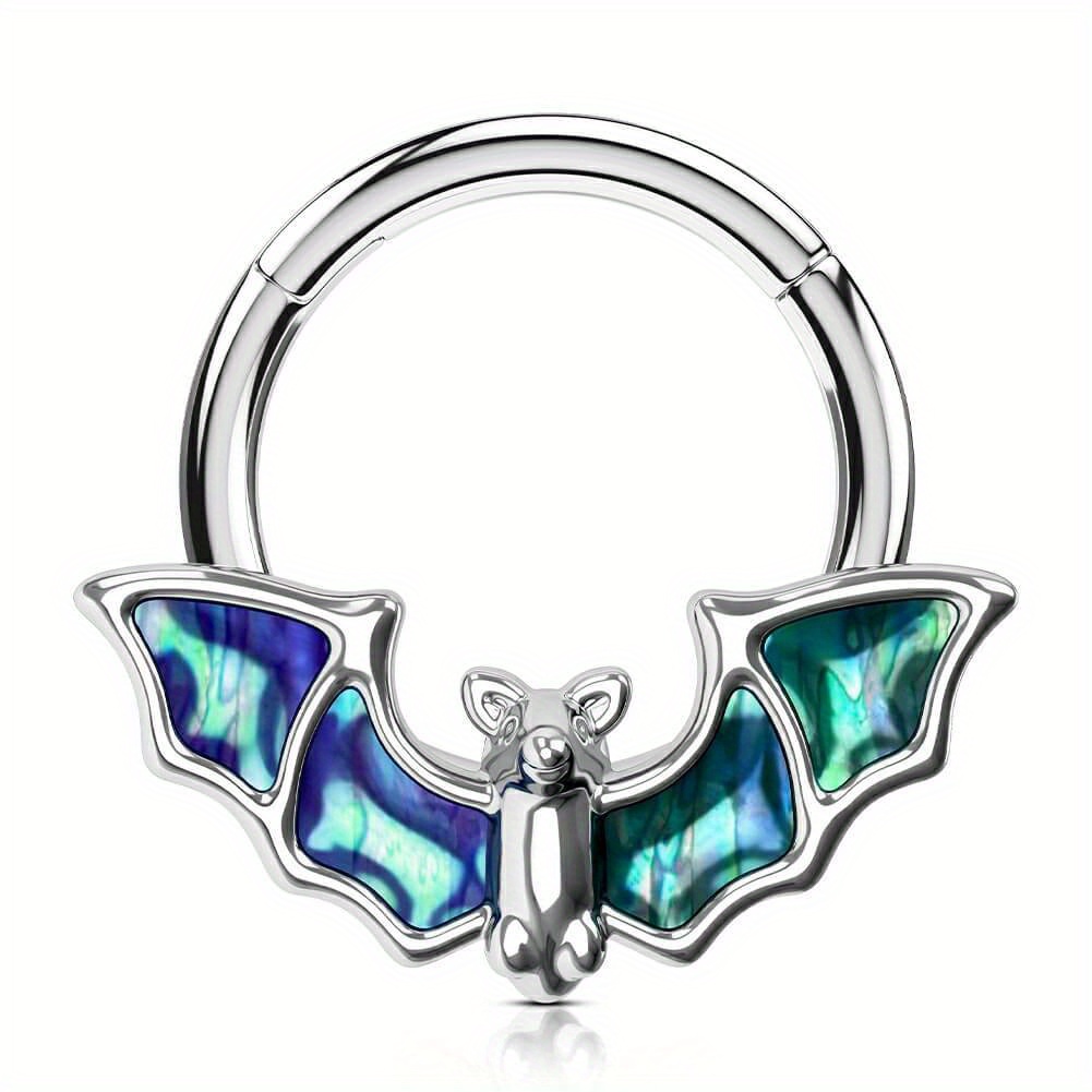 

16g Abalone Shell Bat Hinged Hoop - 316l Stainless Steel, - With Iridescent Wings, Halloween & Gothic Fashion Enthusiasts