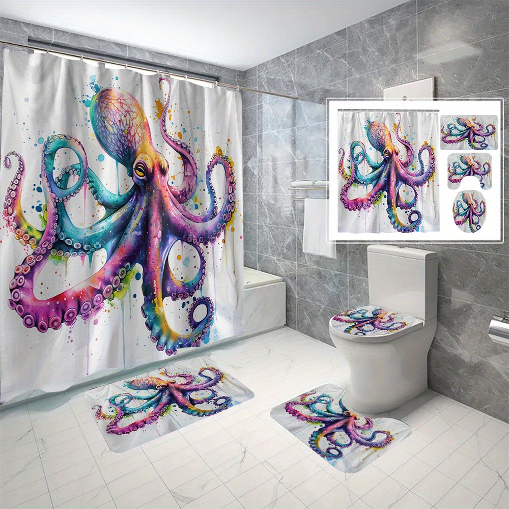 

4pcs Colorful Octopus Pattern Shower Curtain Set, Waterproof Shower Curtain With Hooks, Non-slip Bath Rug, U-shape Mat, Toilet Lid Cover Pad, Bathroom Accessories