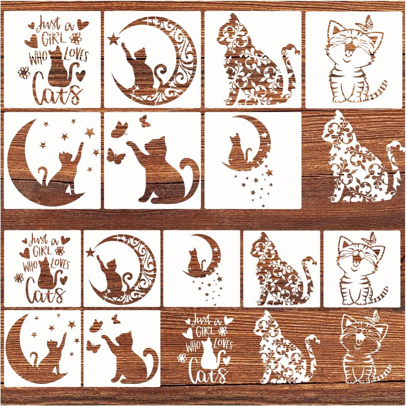 

14 Pcs Reusable Cat Painting Stencils Set - Plastic Cat, Moon, Flower Templates For Wood, Walls, Fabric & Crafts