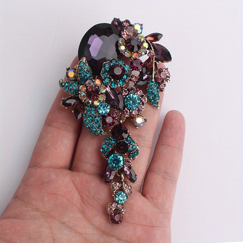 

Vintage Elegant Large Rhinestone Brooch Pin, Multicolor Crystal Floral Design, Fashion Accessory For Coats And Scarves, Simple Style Jewelry