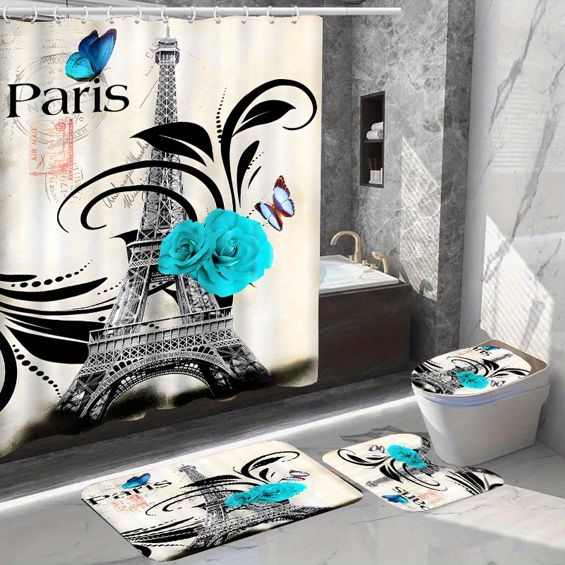 

Elegant Parisian Eiffel Tower Shower Curtain Set With 12 Hooks: Includes Toilet Seat Cover, Bathroom Mat, And Non-slip Rug - Waterproof Polyester Fabric, Washable, And Dry Clean Only