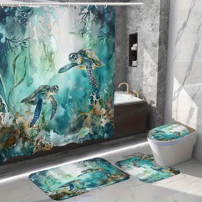 

1pc/4pcs Home Decor Waterproof Shower Curtain Sets With 12 Hooks Toilet Seat Cover Bathroom Mat Non-slip Rug Carpet Polyester Fabric Washable Curtain For Windows Bathroom Accessories