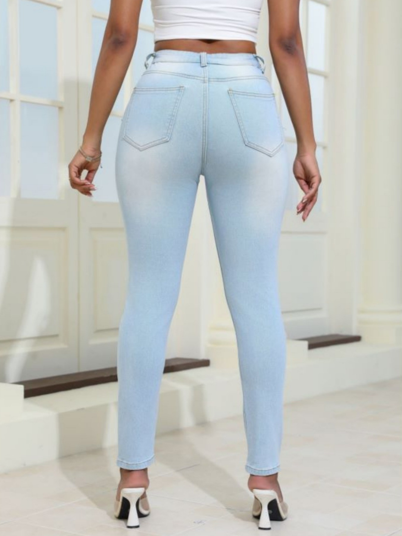 women distressed jeans wo waist stretch denim pants - Temu