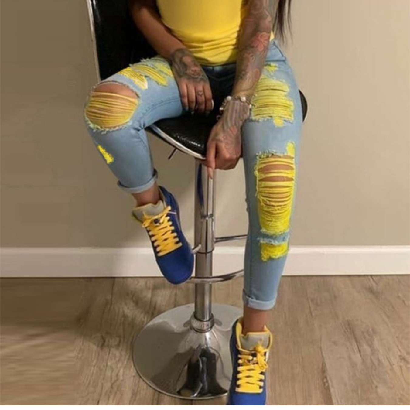 

Women Distressed Jeans Women`s Waist Stretch Denim Pants Color Ripped Yellow Detail Skinny Jean For Women