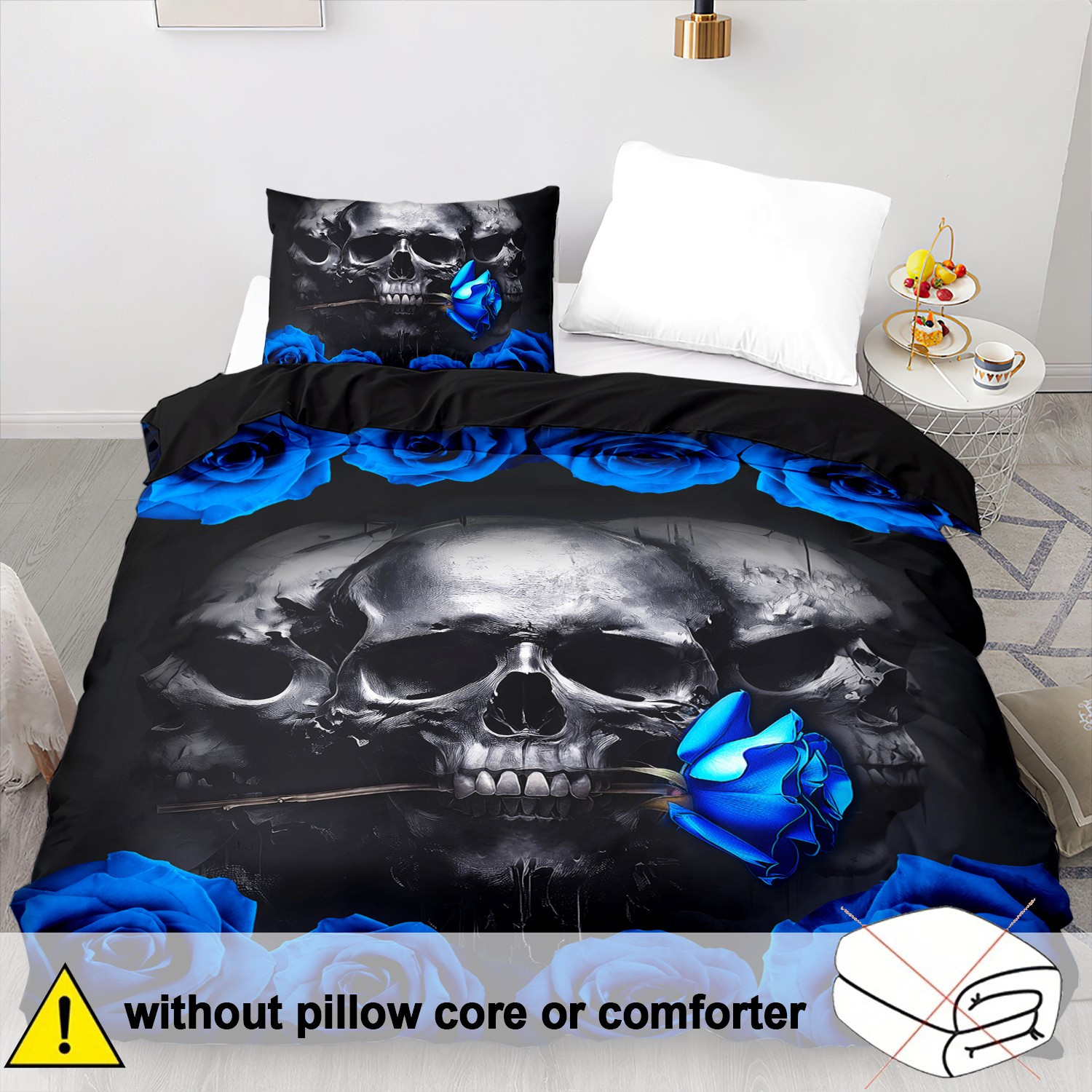 E-shop 2/3 Bettbezüge, weich und bequem, große Totenkopf-Bettwäsche, blaue Bettwäsche für Doppelbetten, großer Totenkopf-Bettbezug, große gotische