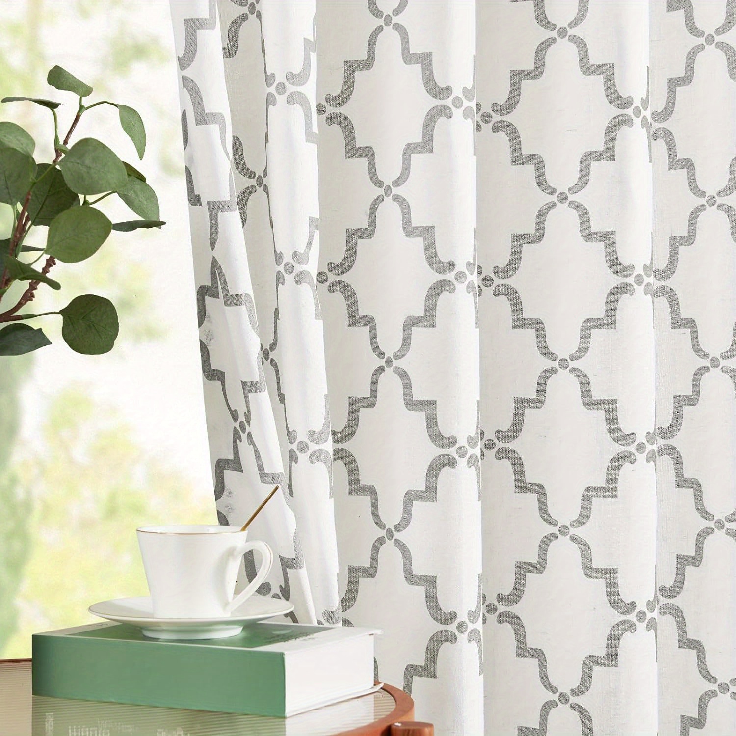 

Collact Linen Curtains Moroccan Trellis Print Curtains For Living Room Grey Farmhouse Curtains 2 Panels For Bedroom Rod Pocket Geometric Lattice Light Filtering Drapes Grey On White