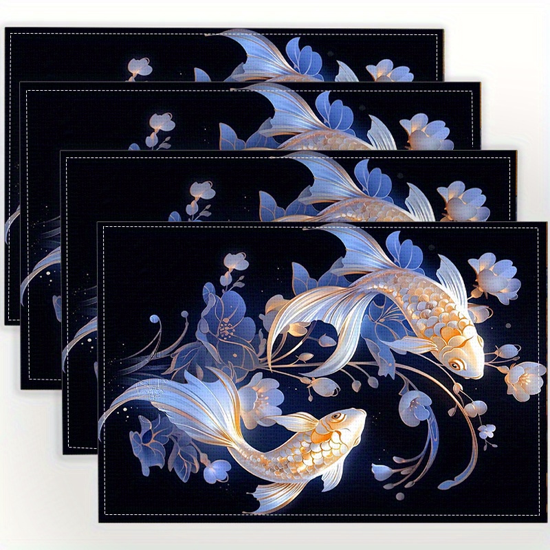 

Jit Set Of 4 Goldfish Theme Unique Printed Linen Place Mats, Rectangular Non-slip Heat-resistant Table Mats For Dining Kitchen Decor, Ideal For Holidays, Parties, And Home Dining Decorations