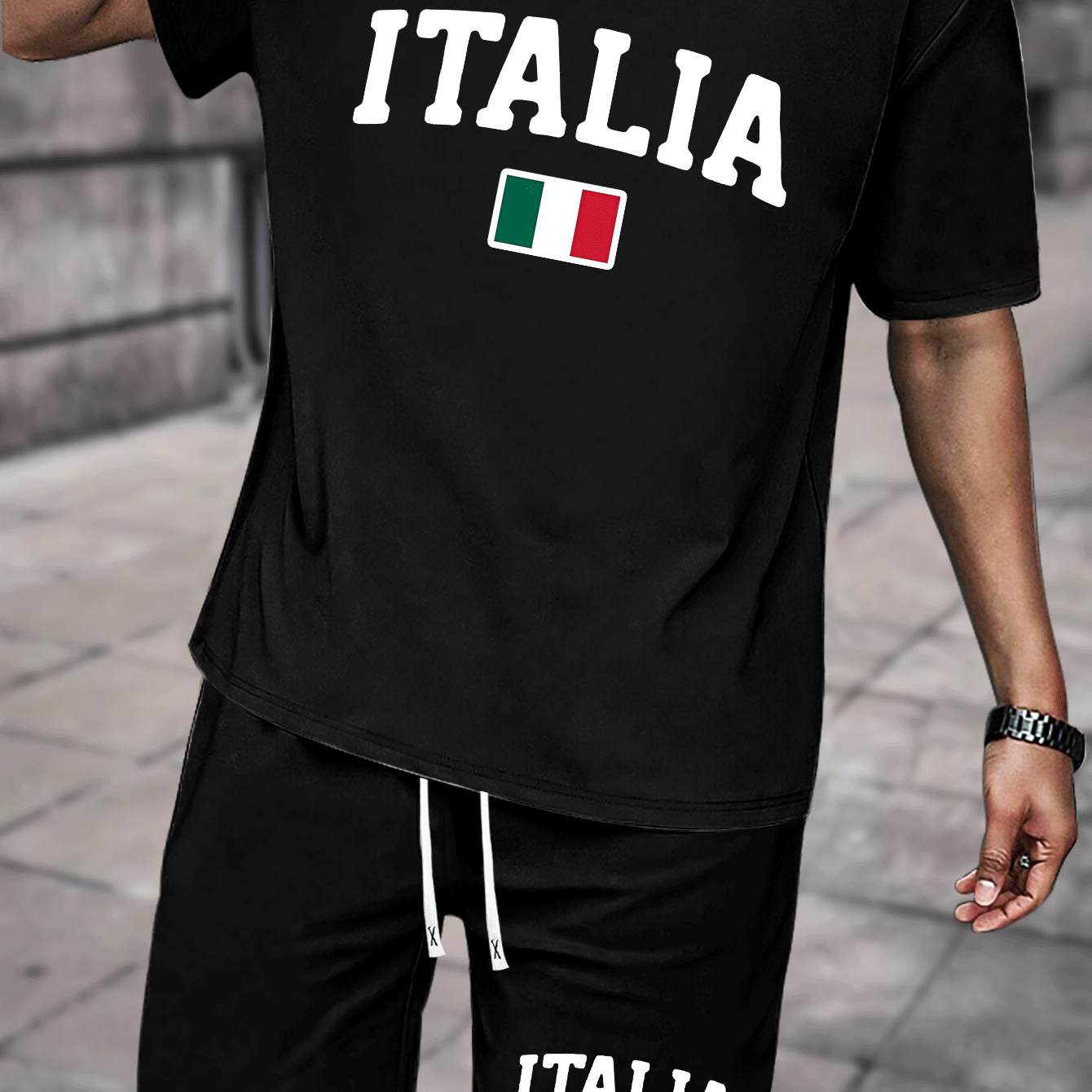 

Italia Print, Comfortable And Trendy Short Sleeve T-shirt & Simple Shorts Co Ord Set For Men, Breathable And Comfy Summer Clothes, Suitable For Casual Time