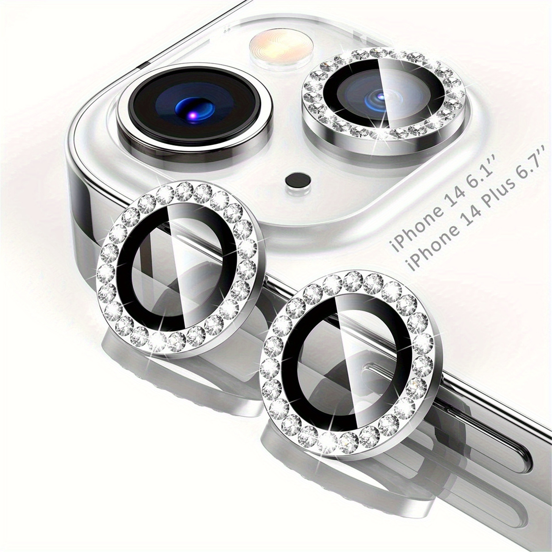 Silvery Shimmer Protective Film with Artificial Diamond Ring for For iPhone 15/14/13/12/11 Plus/Pro/Pro Max Camera Lens - High-Quality Phone Lens Cover