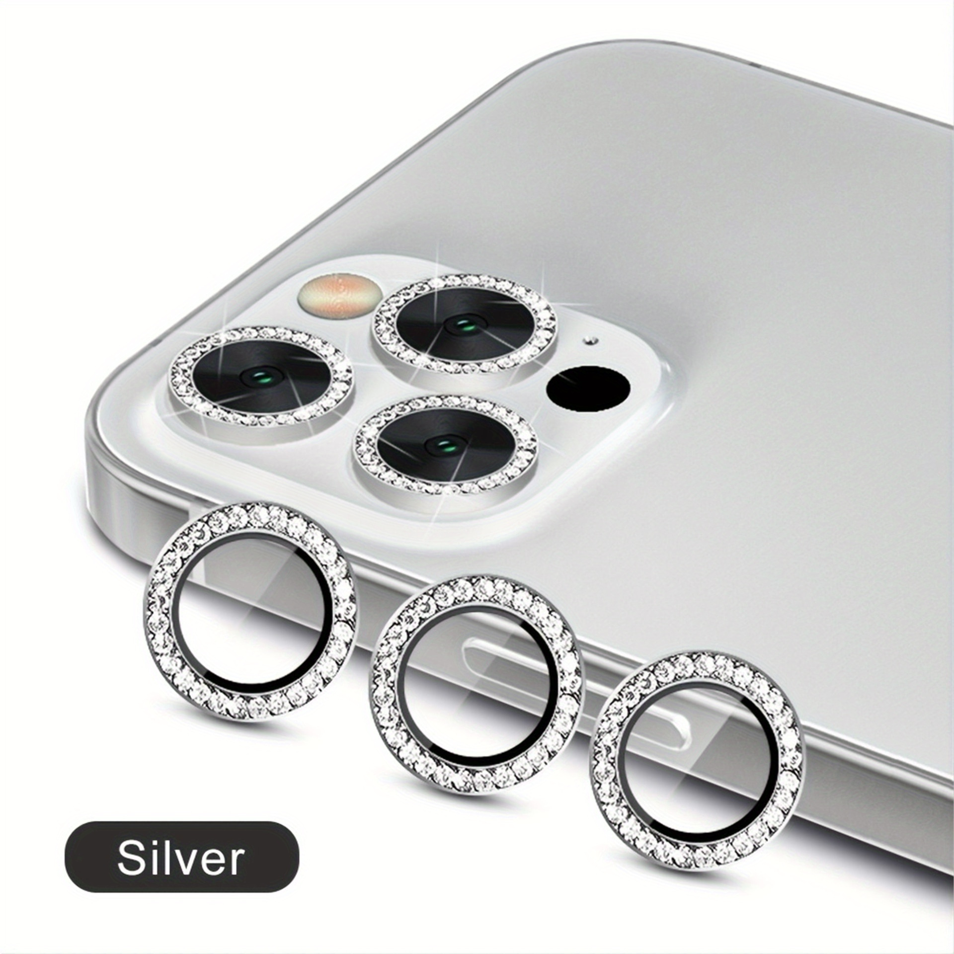 Silvery Shimmer Protective Film with Artificial Diamond Ring for For iPhone 15/14/13/12/11 Plus/Pro/Pro Max Camera Lens - High-Quality Phone Lens Cover