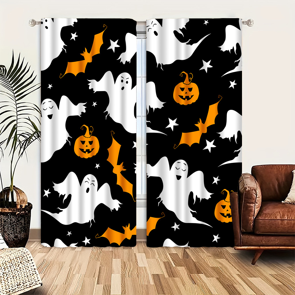 TEMU Ensemble de 2 rideaux de porte décoratifs d'Halloween à motif chauve-souris et citrouille, rideaux de dessin animé, légers et aérés pour chambre