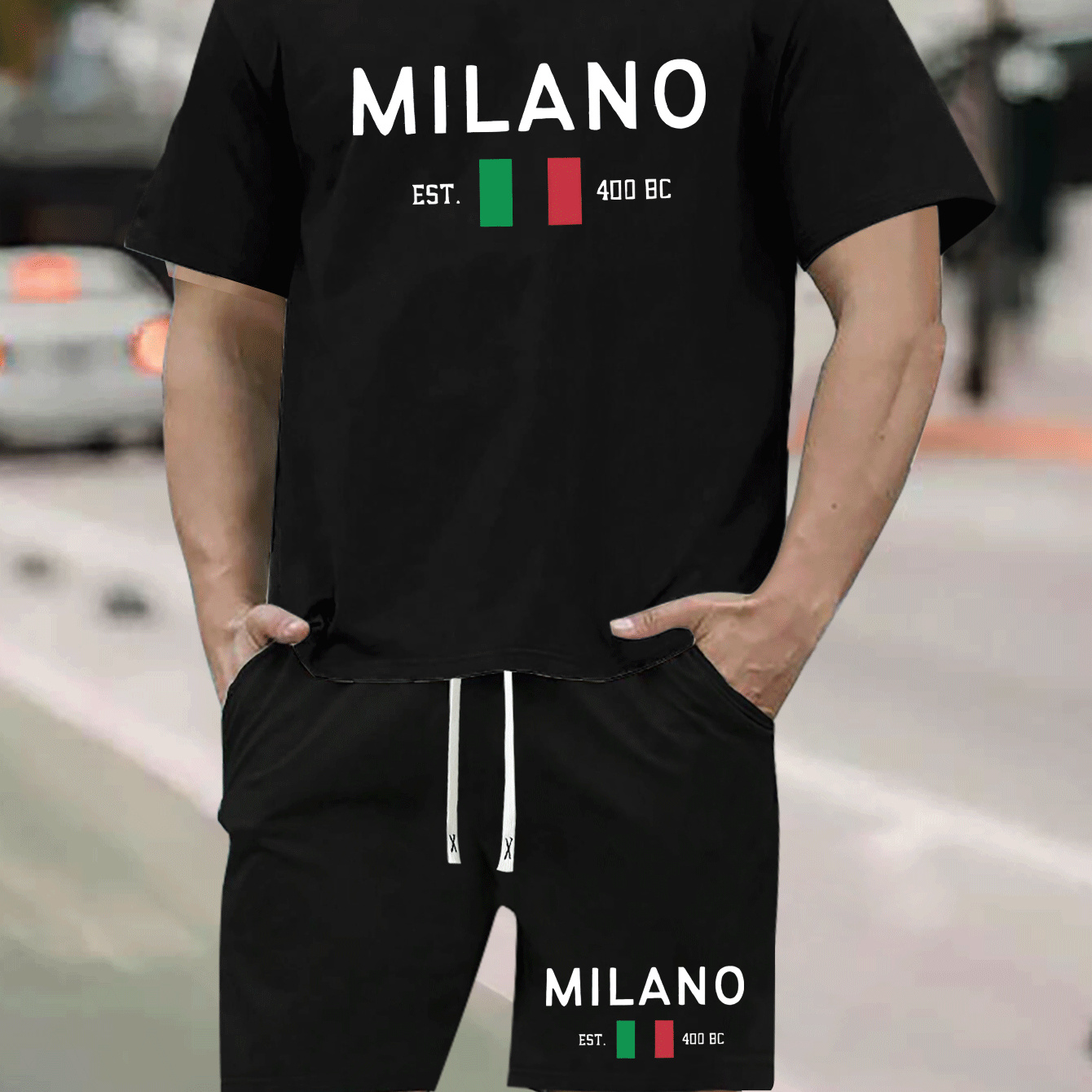 

Milano Print, Comfortable And Versatile Short Sleeve T-shirt & Simple Shorts Set For Men, Breathable And Comfy Summer Clothes, Suitable For Casual Time