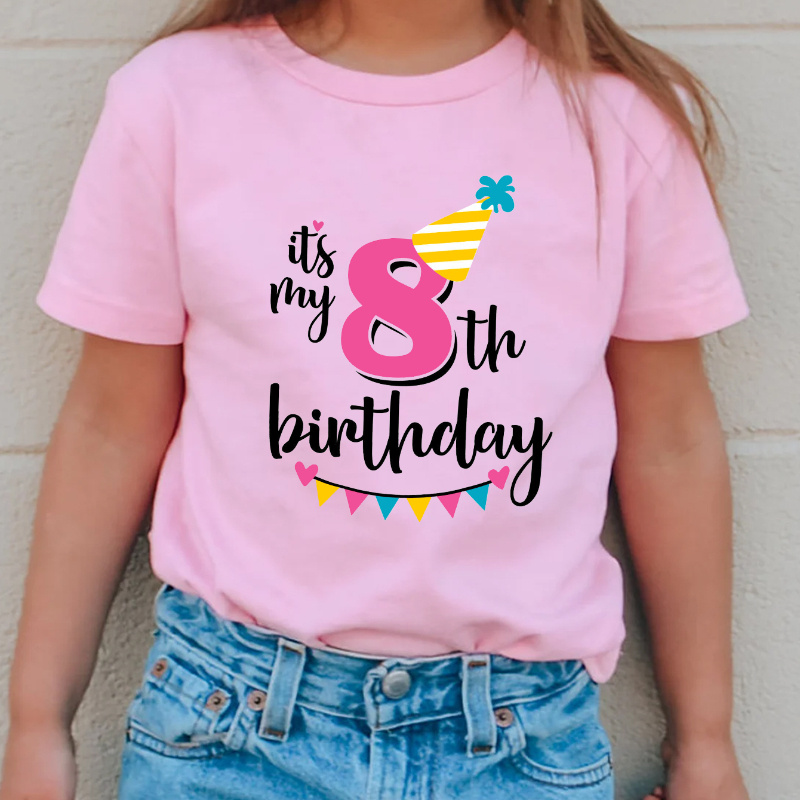 

Girls' 8th Birthday Celebration Tee, 100% Cotton, Casual Summer Round Neck Top With Colorful Letter Graphics, Girl's Birthday Party Clothing