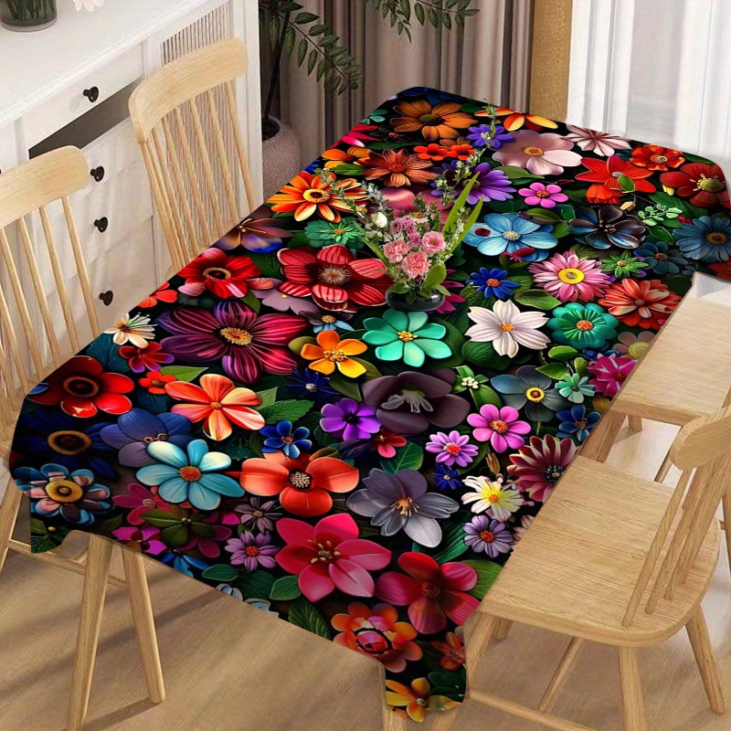 

Colorful Floral Printed Polyester Tablecloth - Waterproof, Oil-resistant Square Table Cover For Dining, Patio, Picnic, Home Kitchen Living Room Decor - Machine Woven, Polyester 100% - 1pc