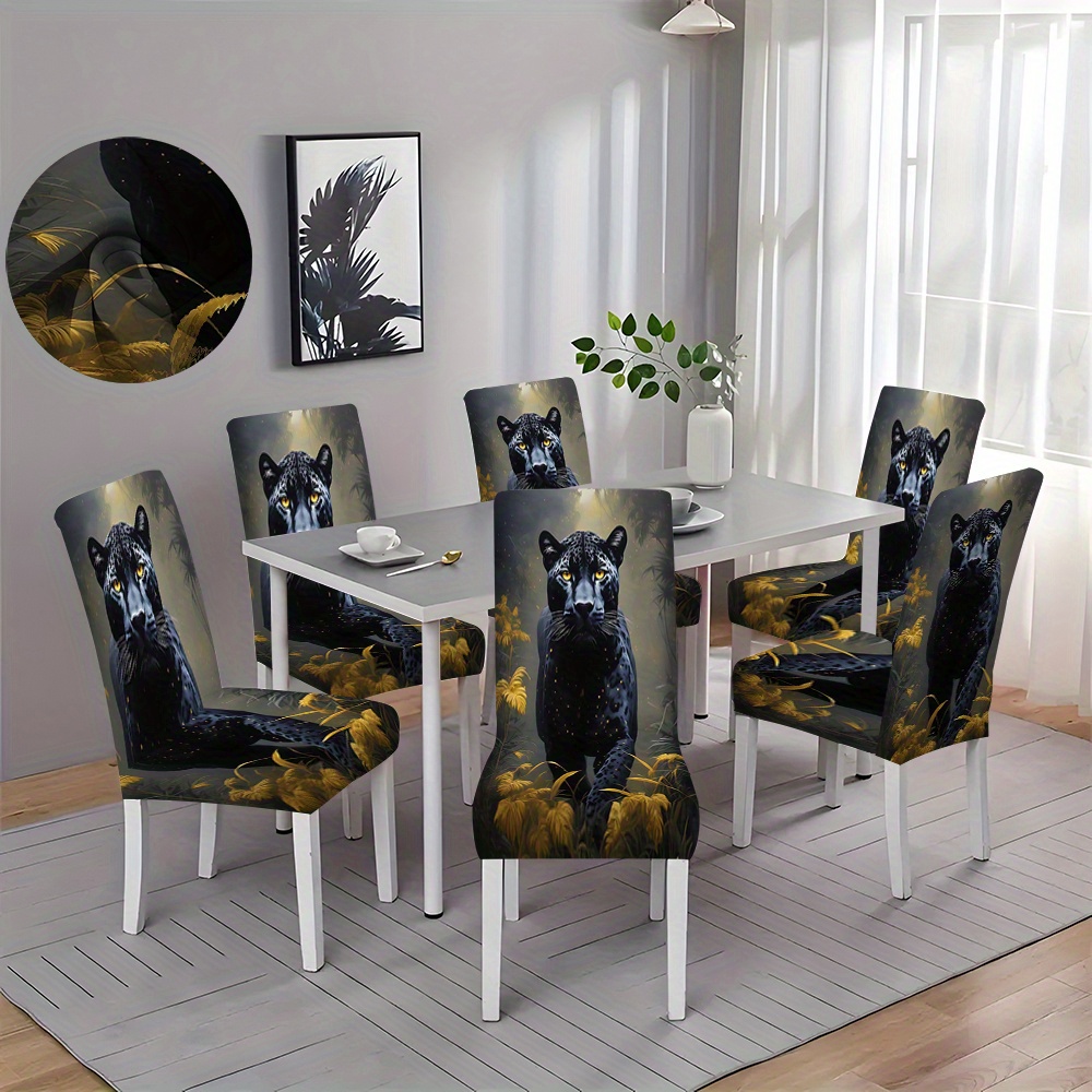 

2/4/6 Pack Stretchable Panther Print Chair Slipcovers – Modern Polyester Dining Chair Covers With Elastic Band, Machine Washable, Universal Fit For Home, Dining Room & Living Room Furniture Protection