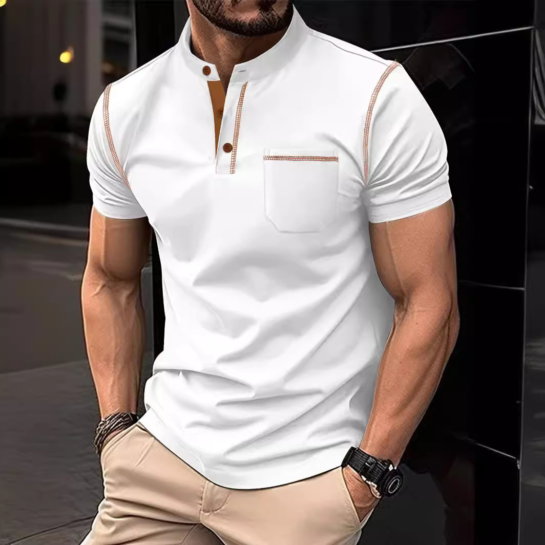

2024 Summer Men's Button-down Polo Shirt Solid Color Short Sleeve Lapel Horizontal Stripe Casual Fit Top Mens