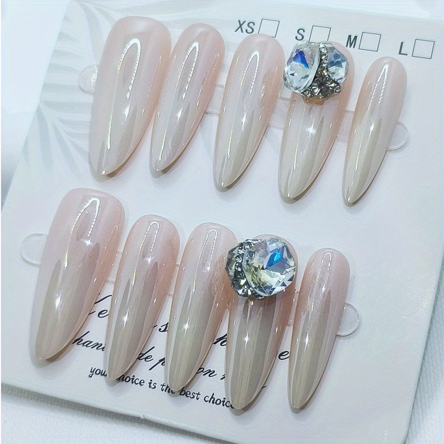 10pcs oval long press nails gradient design 3d gem accents - Temu
