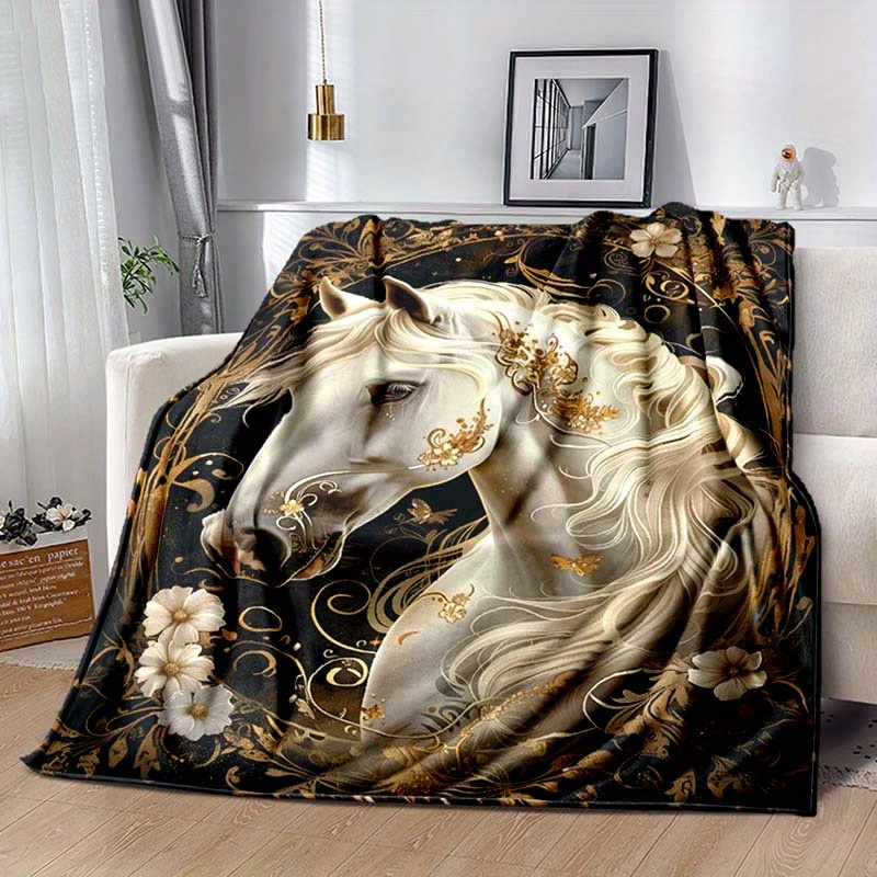

Elegant White Horse Design Throw Blanket - 100% Polyester Soft Flannel, Large Size For Sofa, Chair, Bed, And Travel - Warm Digital Printed Decorative Blanket For Living Room And Office