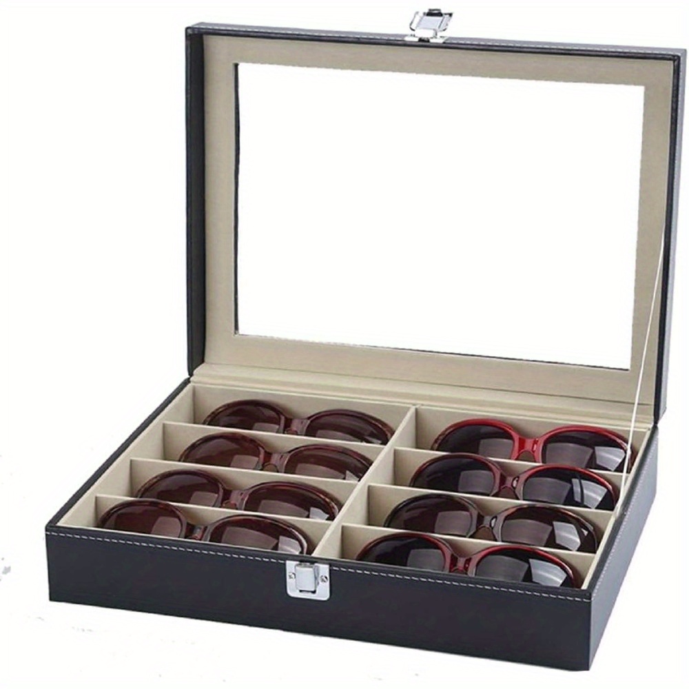 TEMU Sunglasses Storage Case, Clear Glass Pu Leatherette 8-grid Organizer Box For Women And Men