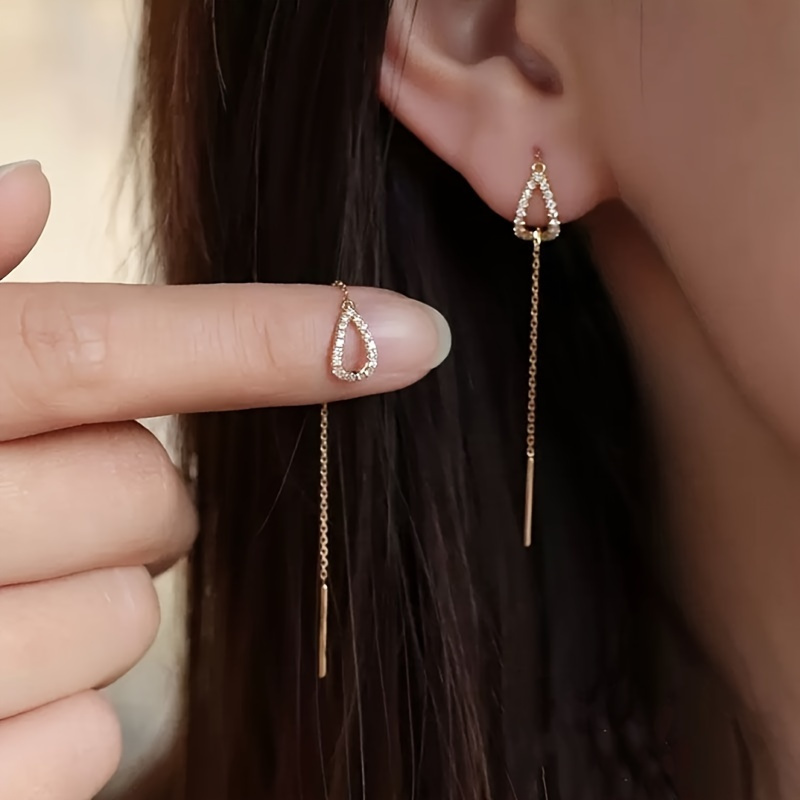 TEMU 1 par de aretes colgantes con diseño de cadena hueca y colgante con incrustaciones de circonita sintética , decoración de estilo elegante y