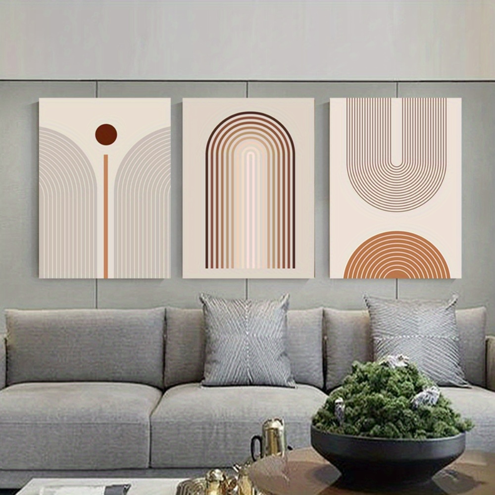 

Framed 3 Piece Boho Abstract Style Wall Art Geometric Rainbow Beige Canvas Painting Geometric Lines Posters And Prints Boho Decor Canvas Picture For Living Room Bedroom Office Wall
