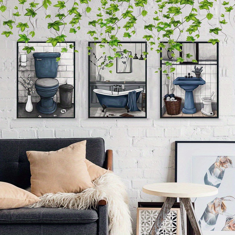 

3 Pieces Deep Blue Bathroom Poster Set: Frameless 12x18in Canvas Wall Art For Home Office Decor