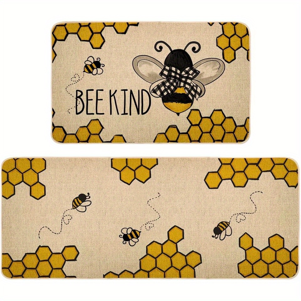 

2pcs, Summer Kitchen Decor Mats Set Of 2, Non-slip Absorbent Rug And Door Mats, Seasonal Yellowe Bee Kind Sign Kitchen Floor Mat 17x29 And 17x47 Inch