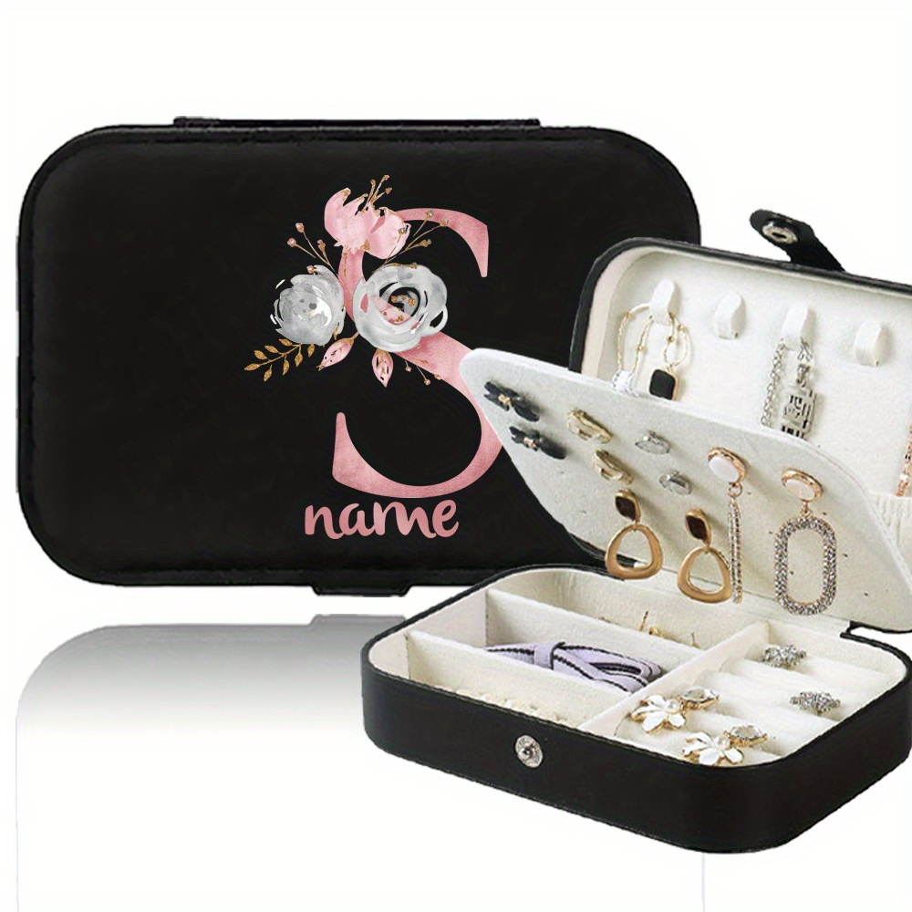 TEMU Black Pu Mini Jewelry Organizer Box With Pink Floral, Adjustable Earring Holder, Stylish Travel Case For Rings & Necklaces, Portable Storage Container(6.2''x 4.3'')