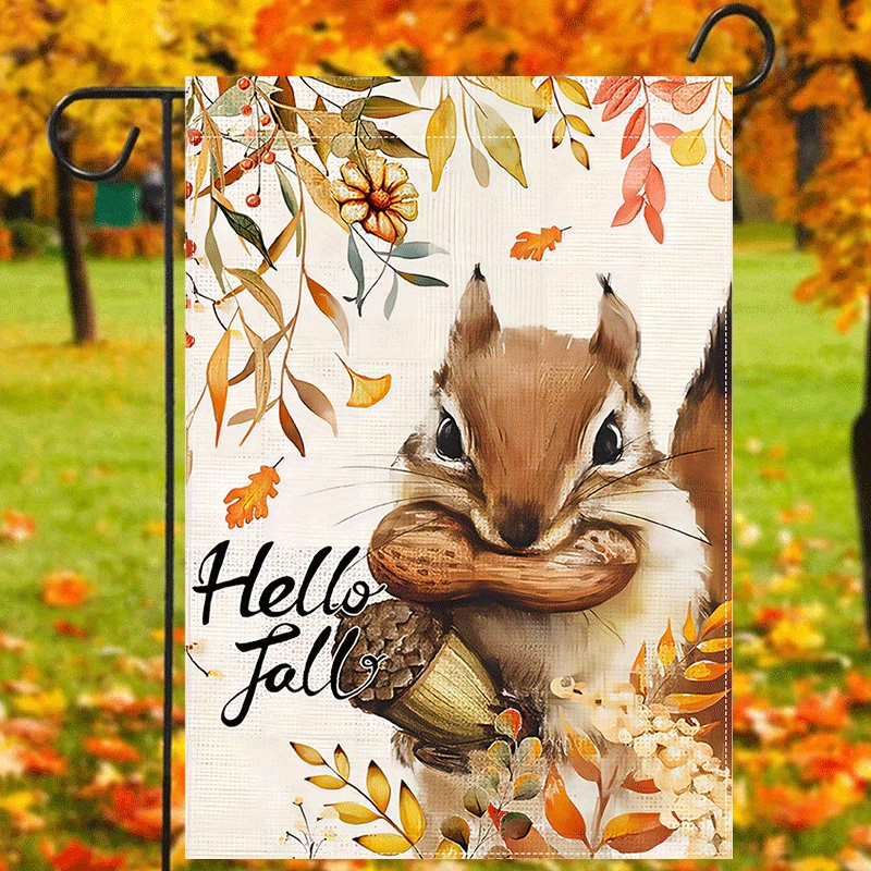 

1pc, Hello Fall Waterproof Garden Flag, Cute Squirrel Animal Print House Flag, Autumn Yard Flag Seasonal Lawn Decor Outdoor Decor Double Sided Burlap Vertical Flag 12x18inch