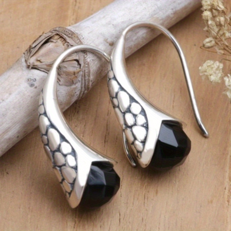 

Vintage Metal Handmade Carved Pattern Earrings Set With Black Stone Hook Shaped Earrings