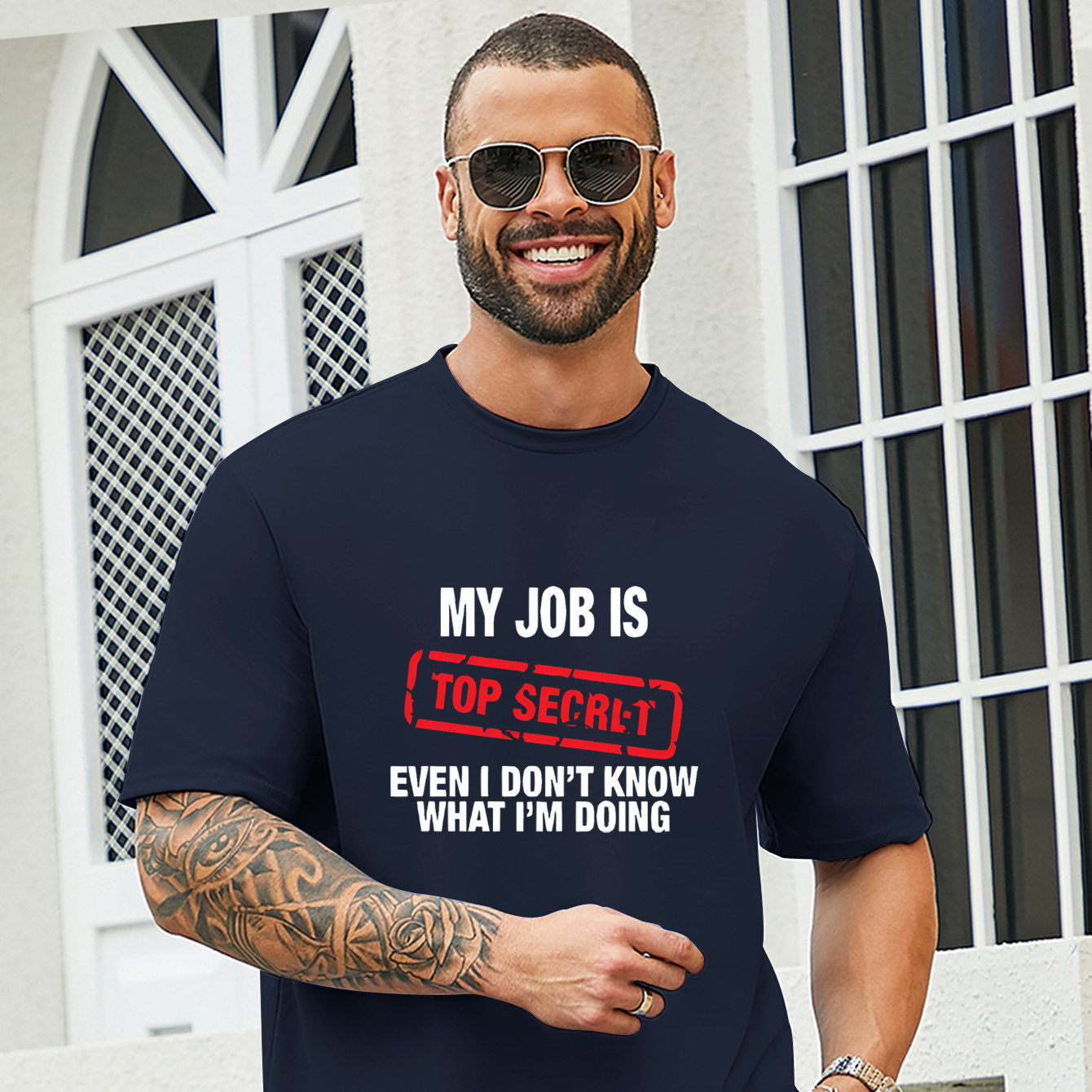 

My Job Is Top Secret Print Men's Round Neck Short Sleeve Tee Fashion Regular Fit T-shirt Top For Spring Summer Holiday Leisure Vacation