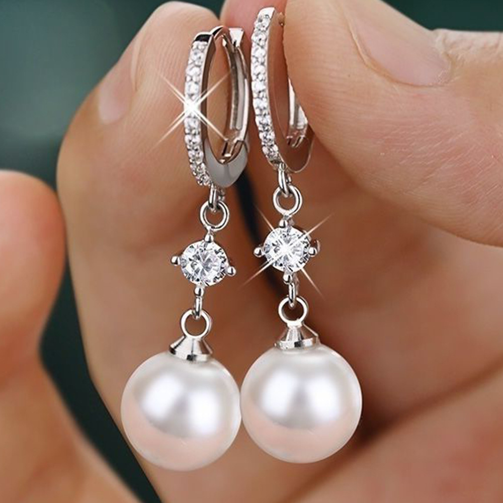 

Silver Color Hypoallergenic Hoop Earrings With Imitation Pearl Pendant - Elegant Vintage Style For Wedding And Engagement