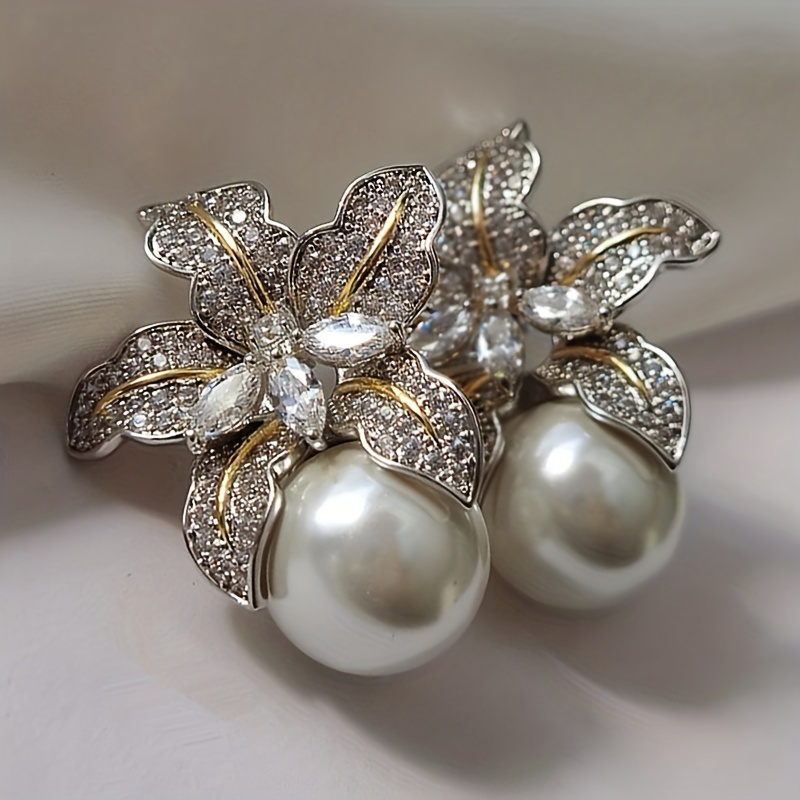 

Exquisite Flower With Imitation Pearl Design Stud Earrings Vintage Elegant Style For Women Banquet Party Earrings