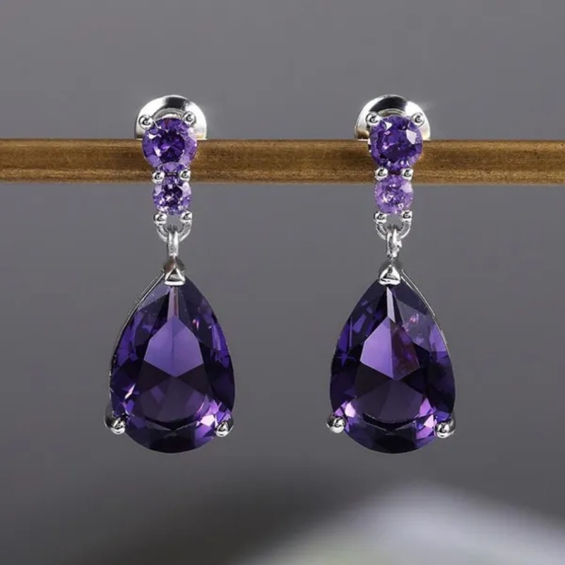 

2pcs New Fashionable Drop Amethyst Pendant Earrings Jewelry For Women Engagement Wedding Earrings Accessories For Lovers Birthday Gift, New Year Party Accessories