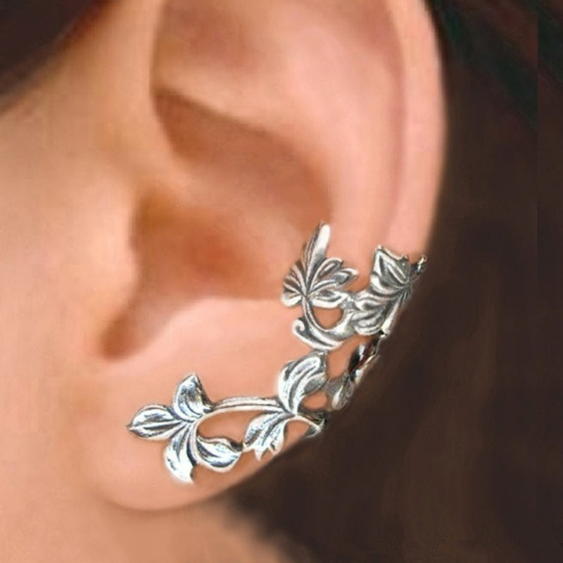 

1 Pair Women's Antique Silver Color Spring Leaf Ear Cuff Cartilage Earrings Unique Ear Clip Flower Handmade Jewelry Bride Wedding Gifts
