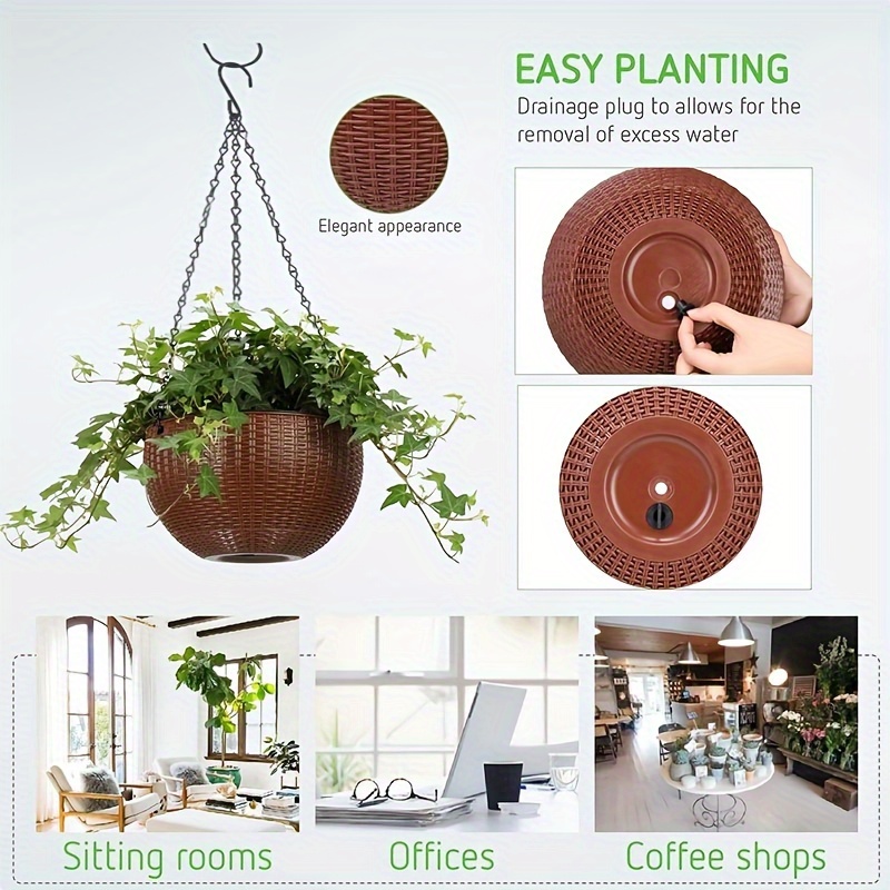 

1 Set Of Polypropylene Self-watering Hanging Planters - Elegant Rattan Design For Indoor & Outdoor Use, Easy Drain Plug For Efficient Watering Ideal For Home & Office Spaces