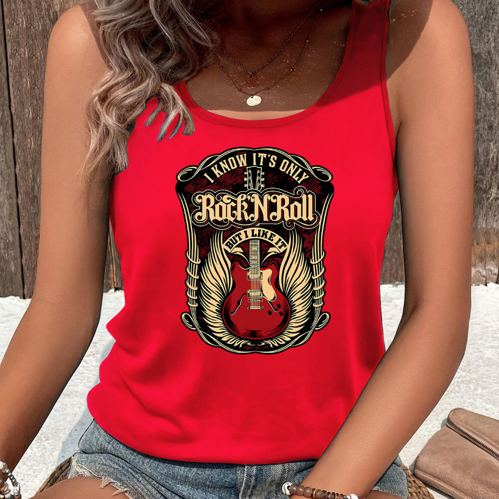 

Letter Crown & Guitar Print Tank Top, Sleeveless Casual Top For Summer & Spring, Women's Clothing