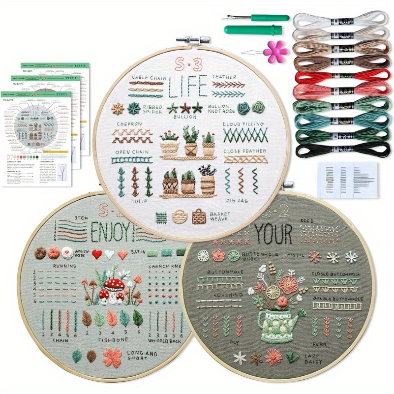 

Embroidery Kit For Beginners - 3 Sets With Stamped Flower Patterns, Hoop, Multi-color Threads, Needles, Tools, Instructions & Video - Learn 33 Stitches - Plant Theme For All Seasons